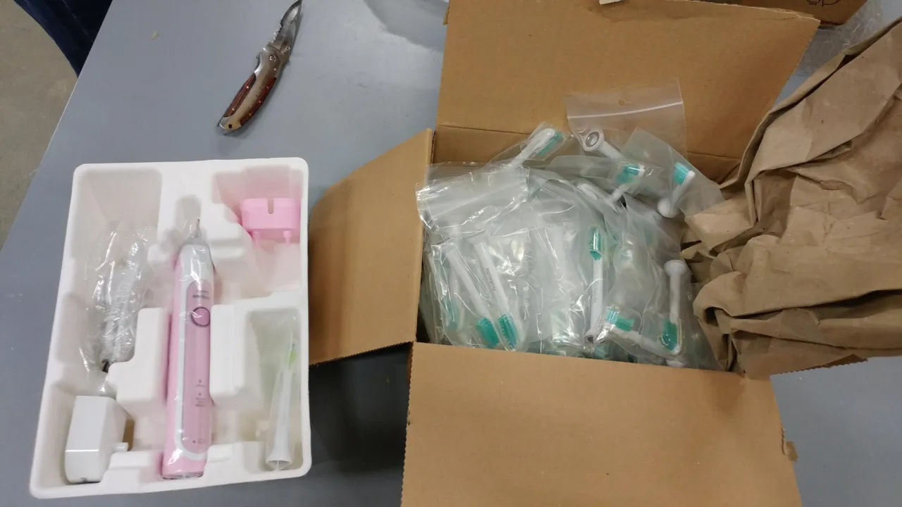 A box filled with toothbrushes