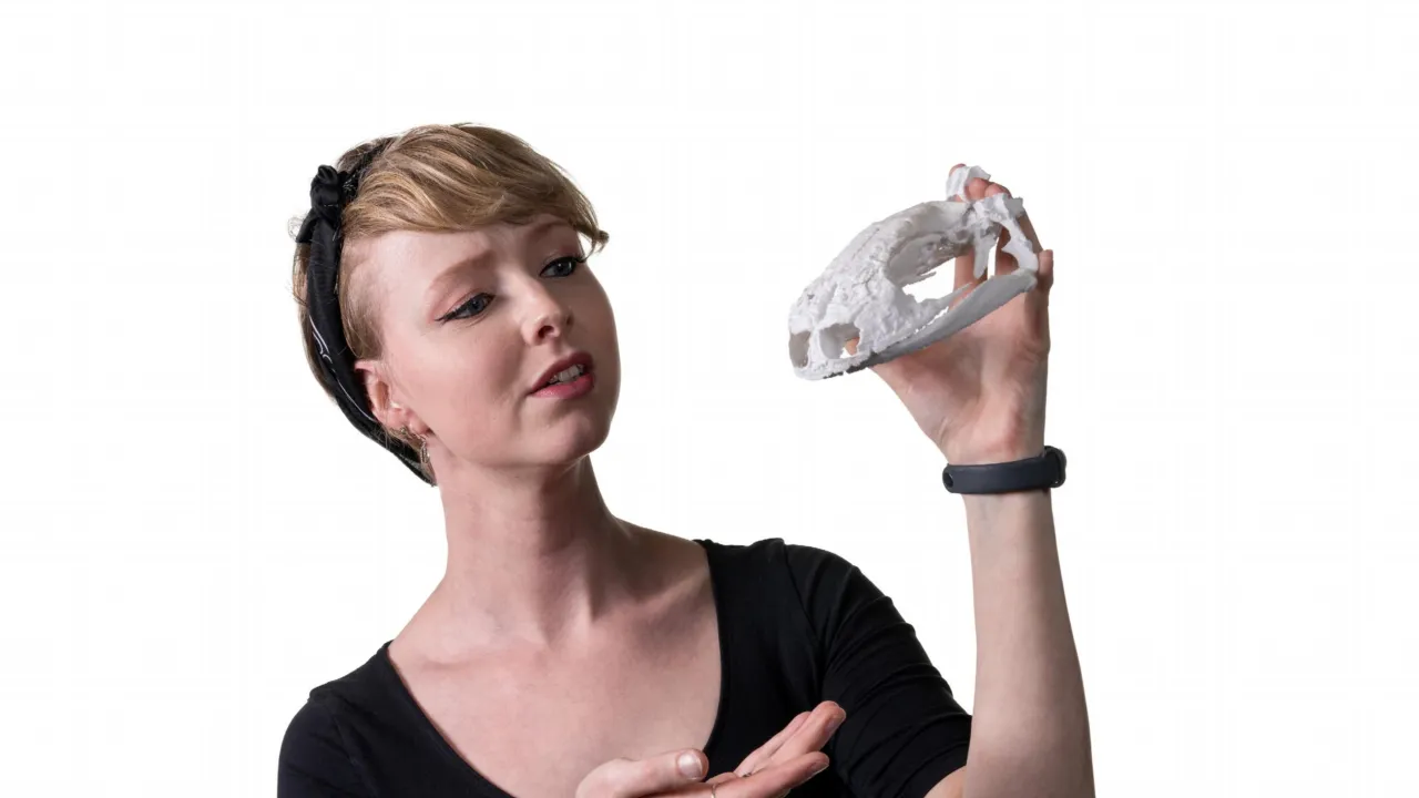 Manon with an enlarged, 3D-printed skull of a crested newt (genus: Triturus)