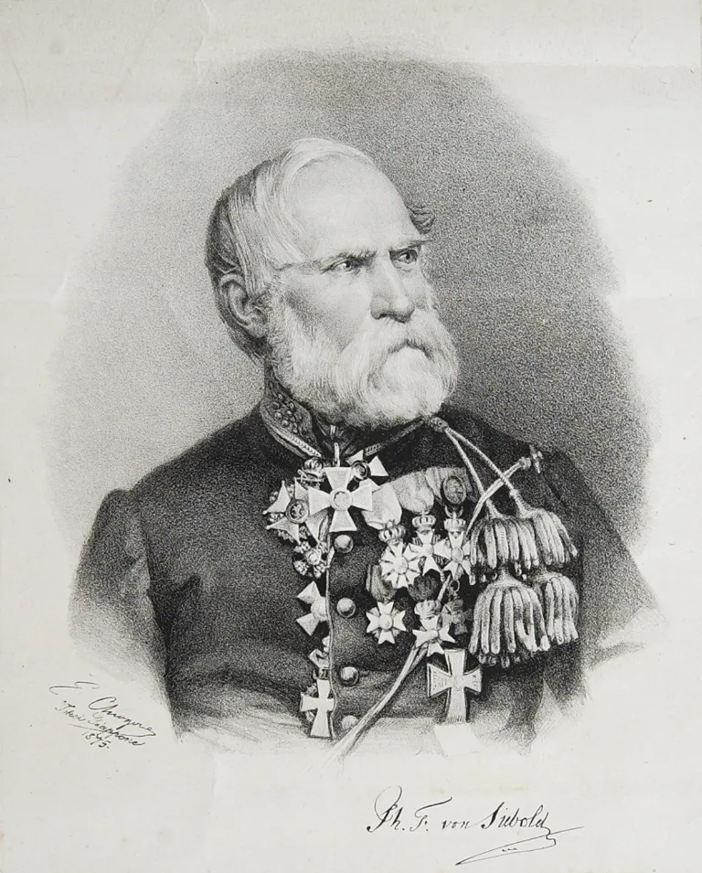 Zwart-witte tekening van een oudere Philipp Franz von Siebold